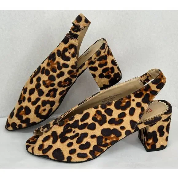 EY Boutique NWOT Leapard Print Open Toe Sling Back Chunky Heels T4708 7M - Picture 3 of 8
